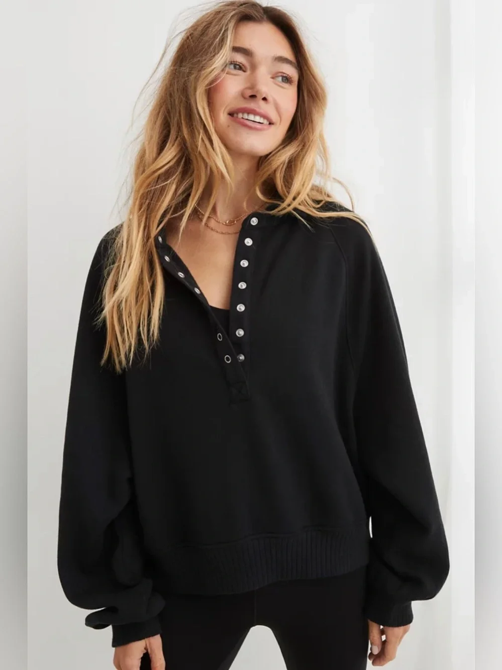 Aerie Black quarter snap oversized pullover cropped sweatshirt S - Picture 1 of 7
